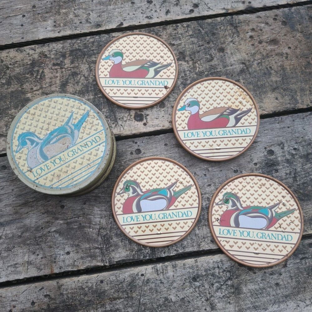 Vintage Enesco Duck Set Of 4 Tin Wood Duck Coasters Love You Grandad 1980's